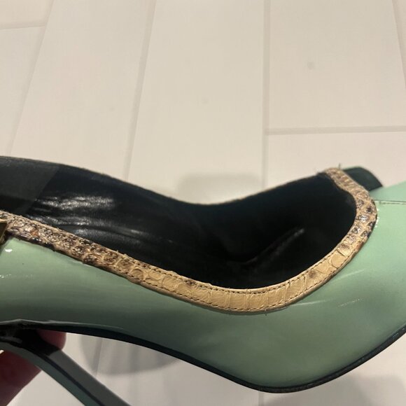 Gianni Versace Open Toe Pale Green Patent Leather Heels with Snakeskin Trim 5.5 - Picture 7 of 10